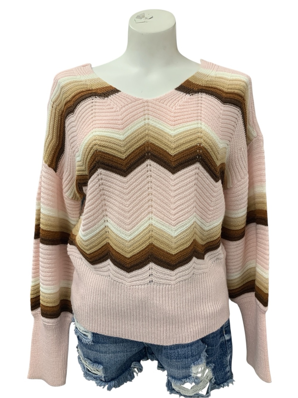 Chevron V-Neck Sweater in Pink and Brown